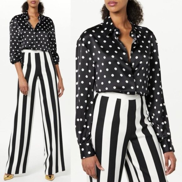 Sergio Hudson Polka Dot Silk Charmeuse Button-Up Blouse, Black/White XS NWT $795 - Picture 5 of 13